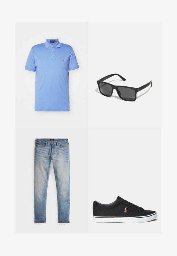 Lyseblå polo skjorte lavet af bomuld, med krave, tre-knaps lukning og et lille broderet logo på venstre bryst.; Lys blå denimjeans med en falmet finish, fem-lomme design og kontraststing. Har lynlås og bæltesløjfer. Lige pasform.; Sort lav sneakersko med hvid sål og broderet polo spiller logo på siden, med snørebånd og tekstureret stofoverdel.; Sorte rektangulære solbriller med mørke linser og mat finish. Har et præget "POLO"-logo på stængerne og et robust rammedesign.