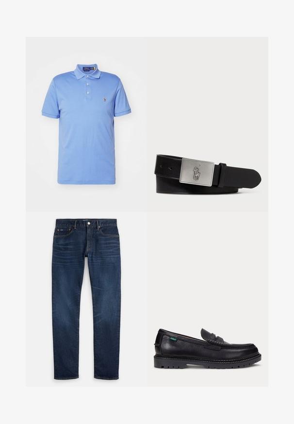 Lyseblå polo skjorte lavet af bomuld, med krave, tre-knaps lukning og et lille broderet logo på venstre bryst.; Mørkeblå slim-fit jeans med subtil falmning på lårene, fem-lomme-design og knaplukning ved taljen.; Sort læderloafer med tyk, mønstret sål og lille grøn "Polo"-mærke på ydersiden nær hælen.; Sort læderbælte med en rektangulær sølvmetalspænde med et præget hestebuddy-logo, glat tekstur og fem hul til spænde.