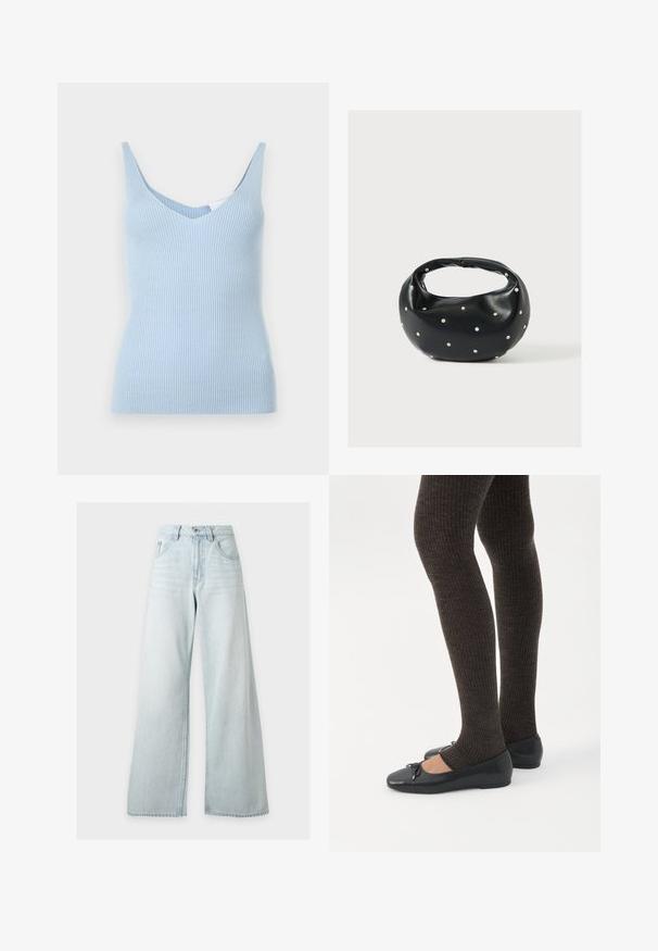 Débardeur à rayures bleu clair avec un décolleté en V profond et des bretelles larges, fabriqué dans un matériau doux et extensible. Présente une silhouette ajustée.; Jean bleu clair taille haute à jambes larges avec bouton et fermeture éclair devant, poches avant et passants de ceinture sur fond blanc.; Jambes portant des leggings côtelés foncés associés à des ballerines noires avec de petits détails en nœud sur fond blanc.; Sac à main en cuir noir de forme arrondie, décoré de clous argentés et équipé d'une poignée courte. Texture lisse et fermeture éclair.