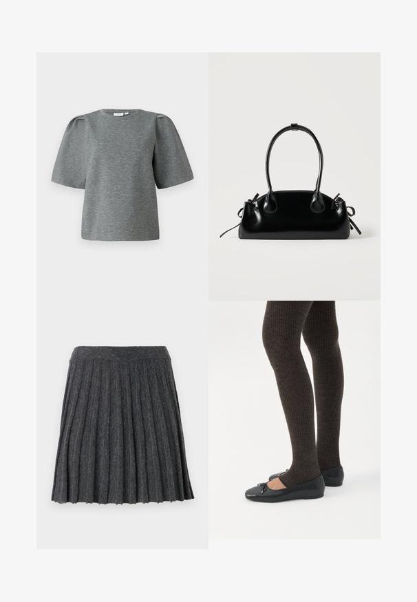 Grå kortærmet top lavet af blødt stof, med rund halsudskæring og let puffede ærmer for ekstra volumen. Glat tekstur uden mønstre.; Vero Moda Knitted VMMARINA Short - Mini skirts - dark grey; Ben iført mørke ribbede leggings kombineret med sorte balletsko med små sløjfedetaljer på hvid baggrund.; Lille sort blank håndtaske med to lange håndtag og snøre-detaljer i siden på en ensfarvet lys baggrund.