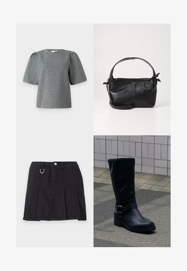 Haut gris à manches courtes en tissu doux, avec un col rond et des manches légèrement bouffantes pour ajouter du volume. Texture lisse sans motifs.; Jupe plissée noire en coton, avec une fermeture à boutons sur le devant, des passants de ceinture et un accent en D-ring sur la taille.; Botte en cuir noire mi-mollet avec un petit talon bloc et une bride décorative avec boucle métallique autour de la cheville, sur un trottoir carrelé.; Sac à main en cuir noir au design structuré, avec une poignée arrondie et une bandoulière amovible. Présente une texture lisse et un éclat subtil.