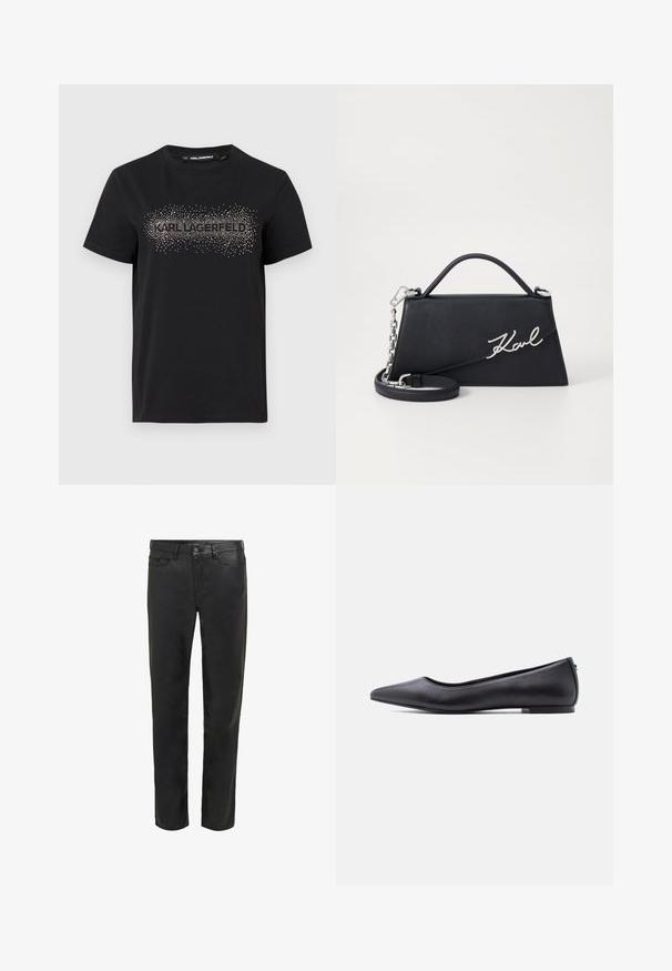 Μαύρο βαμβακερό T-shirt με υφασμένη σχεδίαση και μεταλλικές λεπτομέρειες που απεικονίζουν τη λέξη "KARL LAGERFELD" μπροστά.; Μαύρα τζιν από denim, με τυπικό σχέδιο πέντε τσεπών, ίσια γραμμή και μια διακριτική γυαλάδα πάνω στο ύφασμα.; Μαύρο δερμάτινο παπούτσι με μυτερή μύτη και χαμηλό τακούνι, εμφανίζεται σε πλευρικό προφίλ σε λευκό φόντο.; Μαύρη δερμάτινη τσάντα χειρός σε τριγωνικό σχήμα, με ασημένιο λογότυπο "Karl" και αποσπώμενο αλυσίδα strap. Λείος υφής και δομημένος σχεδιασμός.