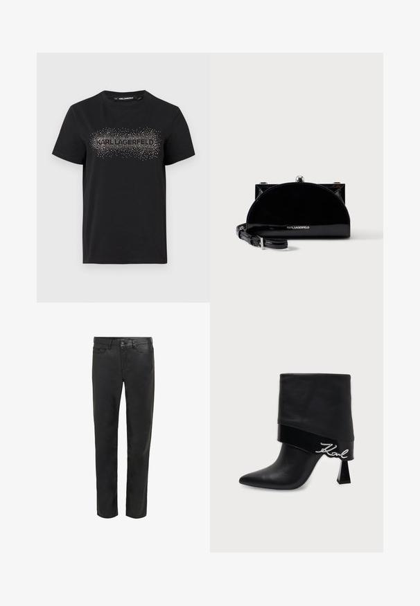 Μαύρο βαμβακερό T-shirt με υφασμένη σχεδίαση και μεταλλικές λεπτομέρειες που απεικονίζουν τη λέξη "KARL LAGERFELD" μπροστά.; Μαύρα τζιν από denim, με τυπικό σχέδιο πέντε τσεπών, ίσια γραμμή και μια διακριτική γυαλάδα πάνω στο ύφασμα.; Μαύρη δερμάτινη ψηλοτάκουνη μπότα αστραγάλου με μυτερή μυτούλα, διπλωτό μανίκι και γυαλιστερή ταινία με κεντημένο "Karl" στο πλάι.; Μαύρο γυαλιστερό τσαντάκι φάκελος σε σχήμα μισοφέγγαρο με ασημένιο πλαίσιο και ρυθμιζόμενο ιμάντα, με λογότυπο Karl Lagerfeld στο μπροστινό μέρος.