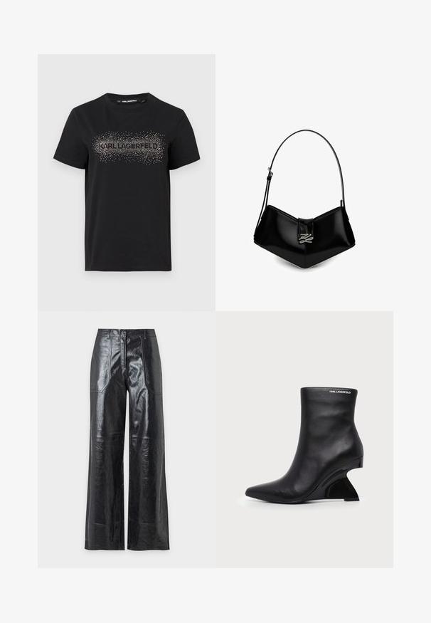 Μαύρο βαμβακερό T-shirt με υφασμένη σχεδίαση και μεταλλικές λεπτομέρειες που απεικονίζουν τη λέξη "KARL LAGERFELD" μπροστά.; Μαύρο παντελόνι υψηλής μέσης με φαρδιά μπατζάκια από ψεύτικο δέρμα, με εμπρόσθιες τσέπες και ορατές λεπτομέρειες ραφών σε απλό ανοιχτό φόντο.; Μαύρο δερμάτινο μποτάκι αστραγάλου με καμπυλωτό σμιλευμένο τακούνι και λογότυπο Karl Lagerfeld κοντά στην πάνω άκρη σε λευκό φόντο.; Μαύρη γυαλιστερή δερμάτινη τσάντα χειρός με κοντό λουράκι και ασημένιες μεταλλικές λεπτομέρειες σε σχήμα στυλιζαρισμένων αρχικών στο μπροστινό κλείσιμο με καπάκι.