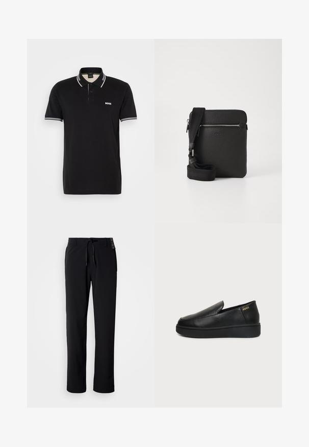 Zwarte polo met een klein wit logo. Heeft twee knopen, een contrasterende kraag en mouwstrepen in het wit. Gemaakt van zachte stof.; Zwarte, lichtgewicht broek met een rechte pijp. Voorzien van een tailleband met trekkoord en een gladde textuur. Geschikt voor casual draagstijl.; Zwart leren instapschoenen met dikke zool en kleine ventilatiegaatjes aan de zijkant, met het gouden "HUGO"-logo nabij de hak.; Zwarte leren schoudertas met een gestructureerd oppervlak, een ritsvak aan de voorkant en een verstelbare stoffen schouderband. Eenvoudig vierkant ontwerp.