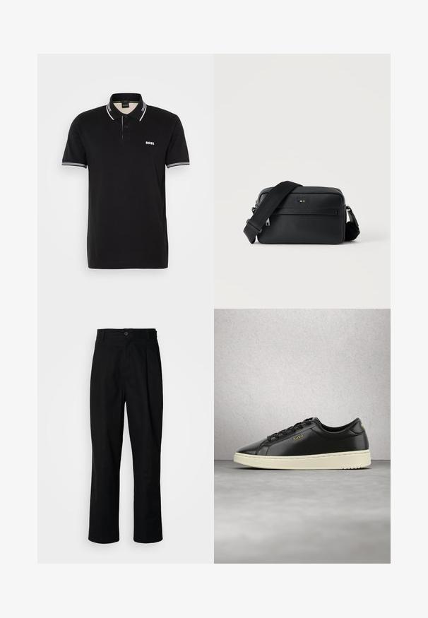 Zwarte polo met een klein wit logo. Heeft twee knopen, een contrasterende kraag en mouwstrepen in het wit. Gemaakt van zachte stof.; Zwarte rechte broek met een knoopsluiting, lusjes voor een riem en een voornaad, gepresenteerd tegen een effen witte achtergrond.; Zwarte lage sneaker met zwarte veters, witte zool en goudkleurig "HUGO" logo op de zijkant en hiel tegen een effen achtergrond.; Zwarte gestructureerde leren crossbodytas met voorvak met ritssluiting en verstelbare brede stoffen schouderband op een witte achtergrond.