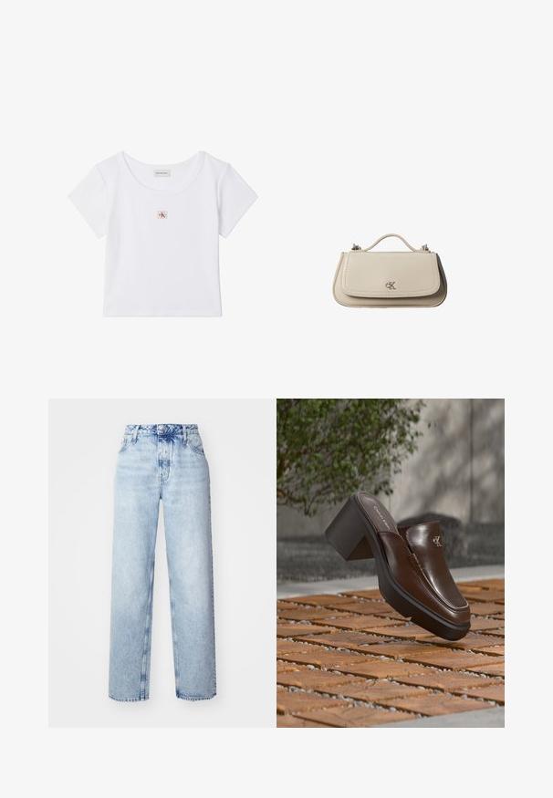 Top corto blanco de manga corta con cuello redondo y pequeña etiqueta cuadrada con el logo de Calvin Klein Jeans en el centro delantero.; Jeans de tiro alto color azul claro con un corte holgado, que cuentan con piernas rectas, cinco bolsillos y un cierre clásico de botones y cremallera.; Mule con tacón de cuero marrón Calvin Klein flotando sobre un suelo de baldosas de madera con un fondo borroso de planta verde y pared.; Pequeño bolso de mano de cuero beige con asa superior y logo plateado de CK en la solapa frontal, mostrado sobre un fondo blanco.