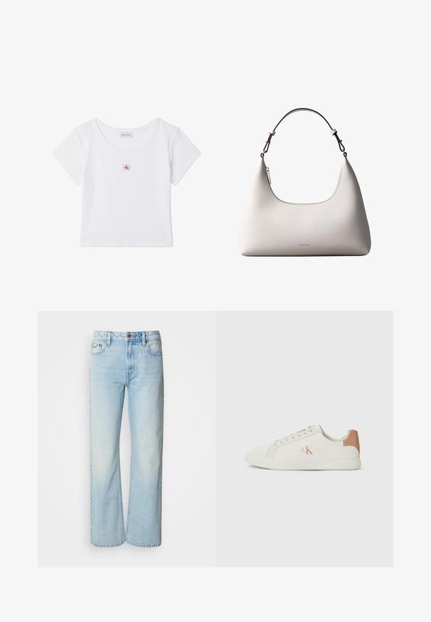 Top corto blanco de manga corta con cuello redondo y pequeña etiqueta cuadrada con el logo de Calvin Klein Jeans en el centro delantero.; Vaqueros de pierna ancha azul claro confeccionados en denim, con un diseño clásico de cinco bolsillos y una sutil textura deslavada. La costura del denim es visible.; Zapatilla blanca con acento en el talón marrón, que presenta un acabado de cuero suave, punta redonda, cierre de cordones y logo en el lateral.; Bolso de hombro de cuero color crema de Calvin Klein con borde superior curvado, cremallera plateada y correa ajustable marrón oscuro.
