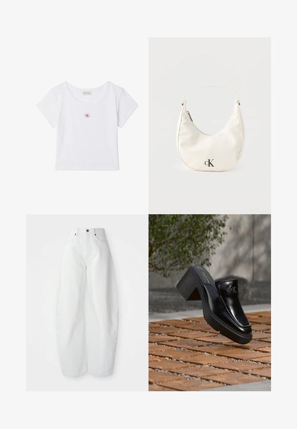 Hvid cropped t-shirt med korte ærmer, rund halsudskæring og lille firkantet Calvin Klein Jeans-logo på midten foran.; Højtaljede hvide denimbukser med løs pasform. Har en knaplukning, sidelommer og et minimalistisk design. Glat tekstur.; Sort læder Calvin Klein slip-on mule med blokhæl, der hviler på trætøj udendørs nær en grøn plante og en grå væg.; Lille hvid halvmåneformet håndtaske med kort rem, lynlås og sort "cK"-logo foran.