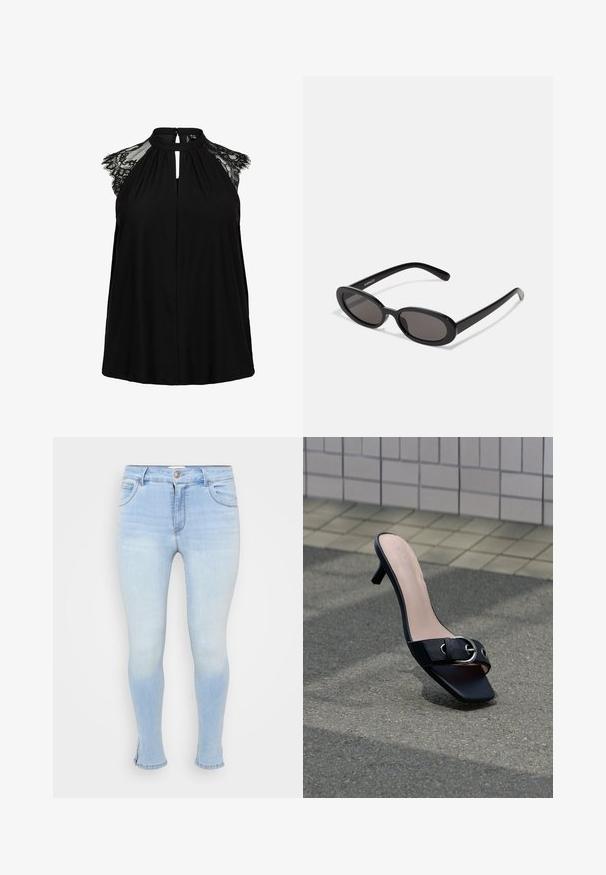 Haut noir sans manches avec manches courtes en dentelle, col montant avec fermeture à bouton, et détail à découpe en forme de goutte à l'avant.; Jean skinny bleu clair en denim, doté de cinq poches, d'une fermeture à bouton et à fermeture éclair, légèrement délavé pour un look usé.; Mule sandale à talon noir avec bout carré, boucle argentée sur la bride, posée sur l'asphalte près d'un mur carrelé.; Even&Odd by Zalando Lunettes de soleil - black