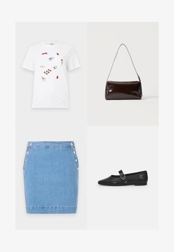 Λευκό T-shirt με μικρά κεντημένα σχέδια από κόκκινα γυαλιά ηλίου, φράουλες, μια κούπα καφέ, ψωμί, μια κληματίδα ντομάτας, μισό αβοκάντο, λουλούδι και μπολ για επιδόρπιο.; Φούστα τζιν μίνι σε ανοιχτό γαλάζιο χρώμα με ασημένια πατρόκλειδα σε κάθε πλευρά και ραμμένο στρίφωμα στο κάτω μέρος.; Μαύρο δερμάτινο φλατ παπούτσι με στρογγυλή μύτη, μία ρυθμιζόμενη αγκράφα και λεία, γυαλιστερή υφή. Μινιμαλιστικός σχεδιασμός με χαμηλό τακούνι.; Σκούρο καφέ ορθογώνια δερμάτινη τσάντα ώμου με ένα λεπτό λουράκι και αγκράφα σε χρυσό τόνο σε απλό φόντο.