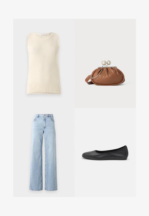 Ärmløs cremefarvet top med ribbet tekstur og rund halsudskæring. Stoffet ser blødt ud, med en tætsiddende form og ingen synlige mønstre eller accenter.; Bredde lyseblå denimjeans med høj talje, fem lommer og en falmet tekstur. Har syede detaljer og en lige pasform ved kanten.; Sort læderballetsko med rund tå, glat tekstur, minimal syning og et fleksibelt såldesign.; Brun læder clutch-pung med sølv kugleklap og en lille sølv kædedetalje på en hvid baggrund.