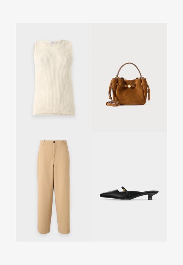 Haut sans manches crème avec une texture côtelée et un col rond. Le tissu semble doux, avec une coupe ajustée et sans motifs ni accents visibles.; CLOSED WRENNA - Pantalon classique - urban beige; Mule noire à bout pointu avec petit talon kitten et fine bride sur le cou-de-pied ornée d’un petit bouton doré.; Sac en suède marron avec une forme arrondie, des poignées courtes et une bandoulière amovible. Orné d'un bouton doré et de patchs carrés.
