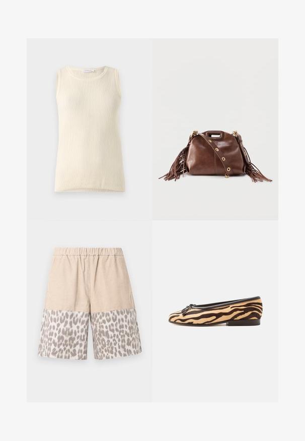 Ärmelloses cremefarbenes Top mit geripptem Muster und Rundhalsausschnitt. Der Stoff wirkt weich, hat eine figurbetonte Form und keine sichtbaren Muster oder Akzente.; Beige Shorts mit elastischem Bund, deren oberer Teil strukturiert ist und deren unterer Abschnitt mit einem hellgrauen Leopardenmuster verziert ist.; Flacher Ballettschuh mit Tigerstreifenmuster, schwarzem Besatz, kleiner Schleife vorn und niedrigem Absatz auf weißem Hintergrund.; Braune Lederhandtasche mit Fransen, goldenen Ösen am abnehmbaren Schultergurt und ausgeschnittenem Griff vor einfarbigem Hintergrund.