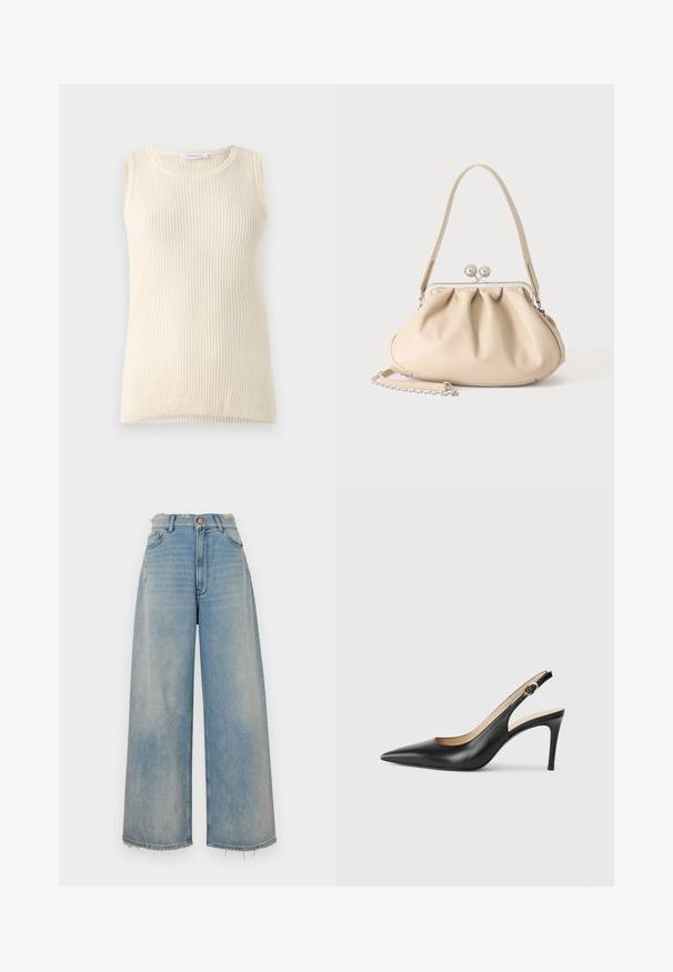 Mouwloze crèmekleurige top met geribbelde textuur en ronde hals. De stof lijkt zacht, met een aansluitende pasvorm en zonder zichtbare patronen of accenten.; Lichtblauwe denim wijde jeans met een rafelige zoom, vijf zakken en een knoopsluiting. Bevat lichte slijtage aan de voorkant.; Zwarte leren slingback-hakken met een spitse neus, verstelbare band en een elegante stiletto-hak, met een gladde afwerking.; Beige zachte leren handtas met een zilveren metalen frame sluiting, een enkele schouderriem en een optionele kettingriem op een witte achtergrond.