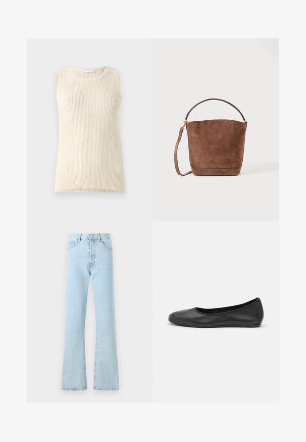 Mouwloze crèmekleurige top met geribbelde textuur en ronde hals. De stof lijkt zacht, met een aansluitende pasvorm en zonder zichtbare patronen of accenten.; FRAME THE VERTICAL - Relaxed fit jeans - light blue; Zwarte leren ballerina met een ronde neus, gladde textuur, minimale stikdetails en een flexibele zoolontwerp.; Bruine suède bucketbag met een afgeronde bovenkant, enkele korte handgreep en afneembare lange riem op een effen achtergrond.