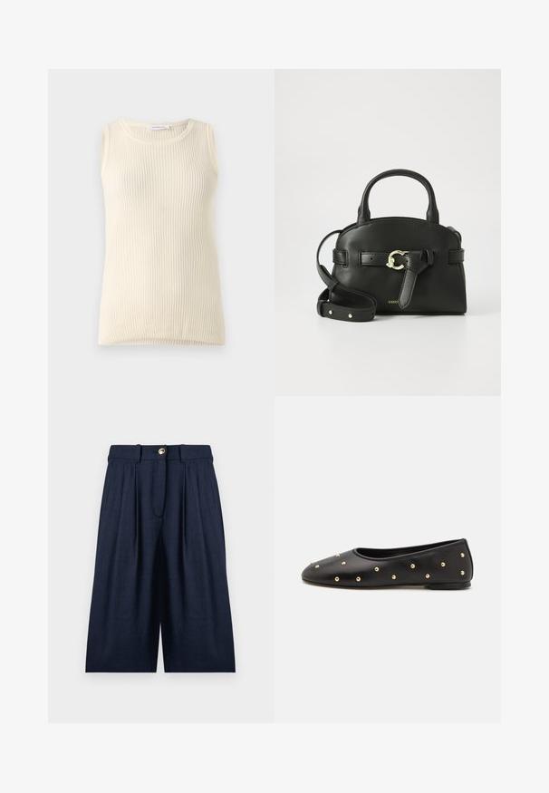 Ärmløs cremefarvet top med ribbet tekstur og rund halsudskæring. Stoffet ser blødt ud, med en tætsiddende form og ingen synlige mønstre eller accenter.; Mørkeblå, vidde-benet cropped bukser med plisseringer, bæltestropper og en enkelt guldknaplukning ved taljen.; Sort læder flad sko med en rund tå, der har gyldne nitter jævnt fordelt på overdelen og en lav, fleksibel sål.; Sort læderhandtaske med en struktureret form, korte håndtag og en aftagelig skulderrem. Har guld-tonet hardware og en sløjfedetalje.