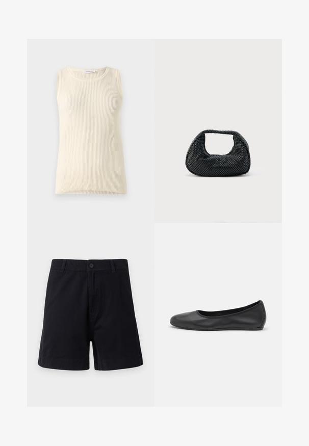 Ärmløs cremefarvet top med ribbet tekstur og rund halsudskæring. Stoffet ser blødt ud, med en tætsiddende form og ingen synlige mønstre eller accenter.; Mørkeblå bomuldsshorts med knaplukning, sidelommer og lige snit, med en glat tekstur og enkelt design.; Sort læderballetsko med rund tå, glat tekstur, minimal syning og et fleksibelt såldesign.; Sort flettet hobo-taske med blød struktur og integreret håndtag, vist på en ensfarvet lys baggrund.