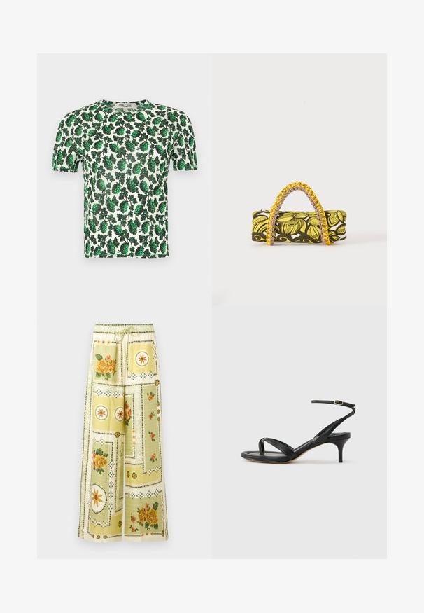 Groene bloemen top met korte mouwen, versierd met grote bladerenpatronen op een witte achtergrond, gemaakt van lichtgewicht, rekbaar materiaal.; Wijde broek met lichtgele bloemen- en geometrische patchworkpatronen, met een elastische tailleband en trekkoord.; Zwarte leren dames sandaal met dunne bandjes, een teengreep, een enkelgesp en een stilettohak van gemiddelde hoogte op een neutrale achtergrond.; Rechthoekige tas met geel-zwart bloemenpatroon en gevlochten geel-roze handvat op witte achtergrond.