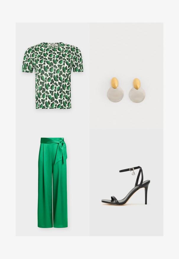 Groene bloemen top met korte mouwen, versierd met grote bladerenpatronen op een witte achtergrond, gemaakt van lichtgewicht, rekbaar materiaal.; Wijde groene satijnen broek met een hoge taille en een stoffen riem die aan de rechterkant in een strik is gebonden, getoond op een effen achtergrond.; Zwarte sandaal met hoge hak, smalle enkelband, vierkante neus, soepel leermateriaal en metalen gespsluiting.; Gouden en zilveren metalen oorbellen met een ronde schijfbasis en een ovale bovenstuk, gladde textuur en gepolijste afwerking.