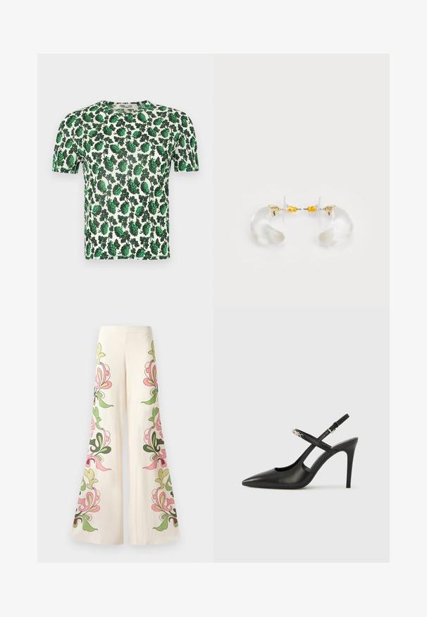 Groene bloemen top met korte mouwen, versierd met grote bladerenpatronen op een witte achtergrond, gemaakt van lichtgewicht, rekbaar materiaal.; Uitlopende broeken van crème stof met kleurrijke bloemenpatronen in roze en groen langs de zijkanten. Soepele textuur, wijde pijpen.; Zwarte leren slingback pumps met hoge hak, puntige neus, opengewerkt ontwerp en verstelbare band met metalen beslag.; Heldere acryl oorringen met gouden accenten, met een gebogen ontwerp en transparante sluiting. Gladde textuur, minimalistische stijl.