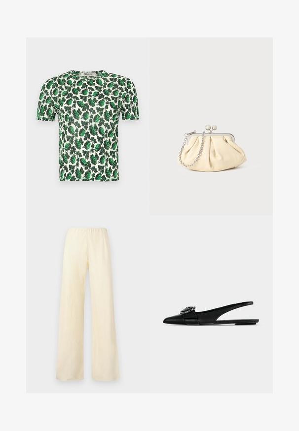 Groene bloemen top met korte mouwen, versierd met grote bladerenpatronen op een witte achtergrond, gemaakt van lichtgewicht, rekbaar materiaal.; Wijduitlopende broek in lichtgele katoen. Voorzien van een elastische tailleband en een gladde textuur, zonder zichtbare zakken of versieringen.; Zwarte leren platte schoenen met spitse neus, een brede band en een ronde metalen gesp bovenaan.; Geplooide beige leren clutch met een zilveren metalen frame, voorzien van twee ronde decoratieve sluitingen en een zilveren kettingriem.