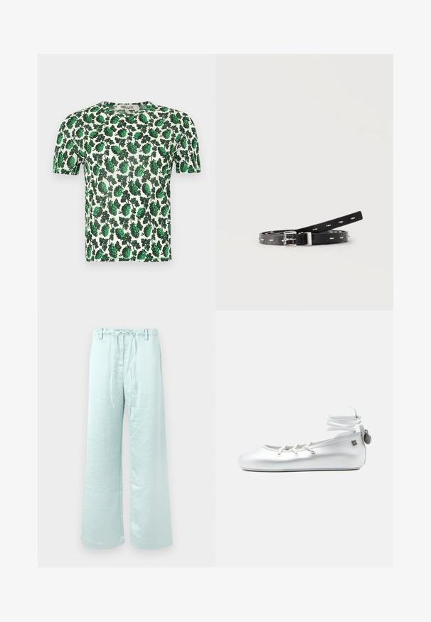 Groene bloemen top met korte mouwen, versierd met grote bladerenpatronen op een witte achtergrond, gemaakt van lichtgewicht, rekbaar materiaal.; Licht muntgroene wijde broek van een gekreukte stof. Voorzien van een tailleband met trekkoord en zijzakken voor functionaliteit.; Witte ballerina met een enkellint omwikkeling, veters aan de voorkant en een klein metalen label bevestigd aan het hielstuk, afgebeeld op een effen achtergrond.; Zwart smal lederen riem opgerold met zilverkleurige gesp en ovale metalen oogjes op een witte achtergrond.