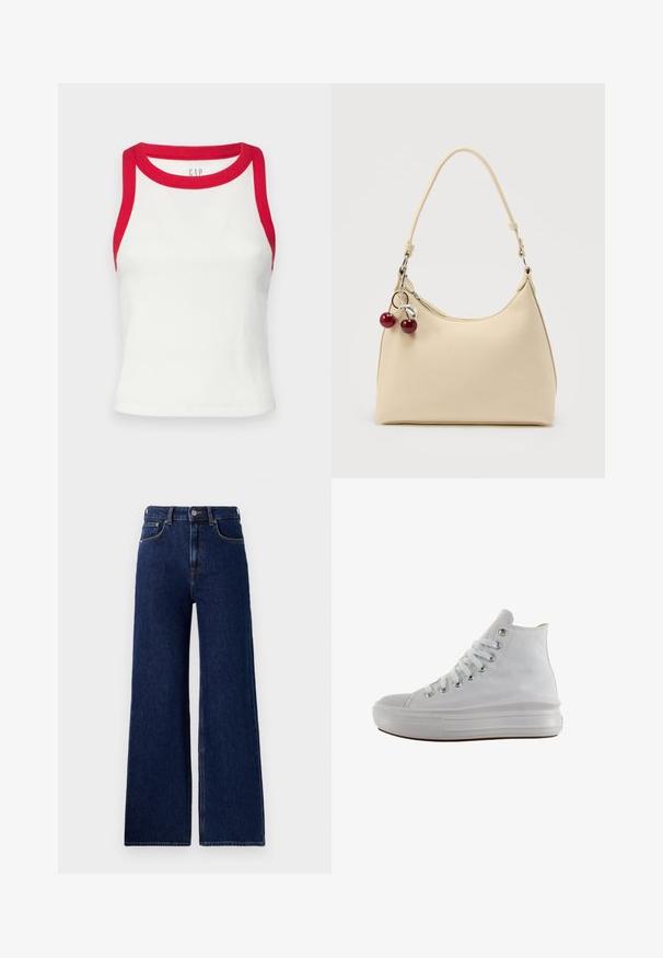 Débardeur blanc côtelé avec des bordures rouges au niveau du cou et des emmanchures. Présente une coupe ajustée et un ourlet droit. Tissu texturé. Logo de la marque visible.; Red Bull Racing x Pepe Jeans Wide Leg - blue denim; Baskets montantes en toile blanche avec lacets blancs, œillets métalliques, semelle épaisse en caoutchouc et bout texturé, orientées vers la gauche sur fond blanc.; Sac à main de couleur crème avec surface texturée, une bandoulière unique, et un charm en forme de cerise sur tirette, sur un fond uni.