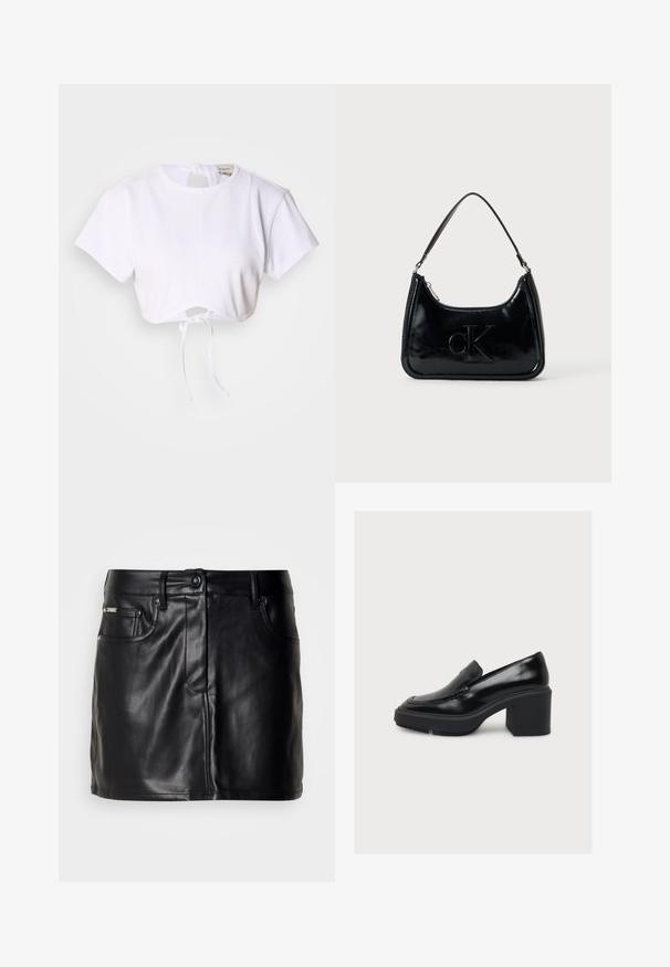 Camiseta blanca corta hecha de una tela suave. Presenta un cuello redondo, mangas cortas y un cordón en la parte inferior para ajustar.; Falda mini de cuero negro con un diseño a medida, que presenta bolsillos delanteros, un cierre de botón y una textura suave.; Mocasín de cuero negro con tacón alto grueso y suela de plataforma, mostrado de perfil sobre un fondo blanco liso.; Bolso de mano de piel sintética negra con un asa curvada en la parte superior, cierre de cremallera y logo "cK" en relieve en el frente. Textura suave, forma estructurada.
