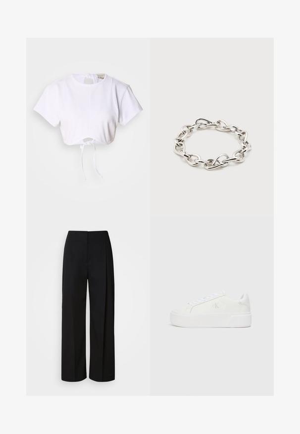 Hvid cropped t-shirt lavet af glat stof. Den har en rund halsudskæring, korte ærmer og en justerbar snoretræk i bunden.; Sorte højhåndede bukser med vide ben, skjult frontlukning, tilpassede syninger og et glat, struktureret stof.; Hvide platform sneakers med en glat læderoverdel, rund tå, hvide snørebånd og diskret logo-detalje på siden. Flad gummisål.; Sølvfarvet chunky kædearmbånd med uregelmæssige ovale led arrangeret i en cirkulær form på en ens hvid baggrund.