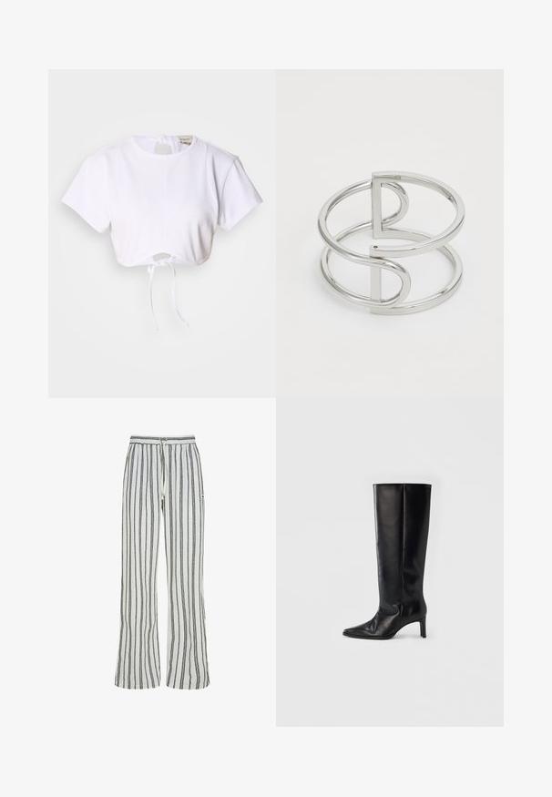 Camiseta blanca corta hecha de una tela suave. Presenta un cuello redondo, mangas cortas y un cordón en la parte inferior para ajustar.; Pantalones blancos de pierna ancha con rayas verticales negras y una cintura elástica con un cordón blanco.; Botas negras hasta la rodilla hechas de cuero suave, con punta puntiaguda y tacón delgado, con caña ajustada y diseño minimalista.; Brazalete de metal plateado con un diseño de doble lazo, acabado liso y brillante, y un acento geométrico minimalista.