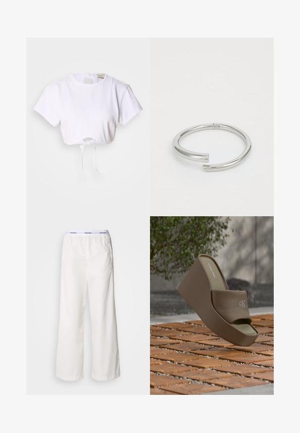 Camiseta blanca corta hecha de una tela suave. Presenta un cuello redondo, mangas cortas y un cordón en la parte inferior para ajustar.; Pantalones blancos de pierna ancha con una cintura elástica que presenta un logotipo de Calvin Klein en contraste. Fabricados en un tejido suave, ofrecen un ajuste relajado.; Sandalia de plataforma tipo slide marrón de Calvin Klein con tira de tela y logo "ck" en relieve sobre suelo de baldosas de madera al aire libre.; Calvin Klein SPIRAL - Pulsera - silver-coloured