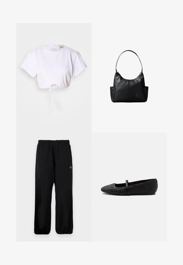 Hvid cropped t-shirt lavet af glat stof. Den har en rund halsudskæring, korte ærmer og en justerbar snoretræk i bunden.; Sorte sweatpants med elastisk talje, løse ben og en lille logo detalje på venstre side. Glat stof tekstur.; Sort flad sko med rundet tå, præget geometrisk mønster og en enkelt tynd rem tværs over toppen, vist i sideprofil.; Sort læder skuldertaske med en enkelt rem, sidelommer og et diskret prægede Calvin Klein-logo på forsiden nederst til højre.