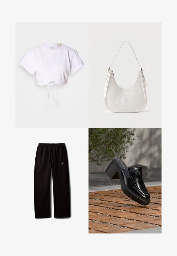 Hvid cropped t-shirt lavet af glat stof. Den har en rund halsudskæring, korte ærmer og en justerbar snoretræk i bunden.; Sorte vidde bukser med elastisk taljebånd og sidelommer, med en lille Calvin Klein-logo patch på højre lår.; Sort læder Calvin Klein slip-on mule med blokhæl, der hviler på trætøj udendørs nær en grøn plante og en grå væg.; Hvid skuldertaske i læder med lynlås, buet form og forhøjet CK-logo prægget på forsiden.