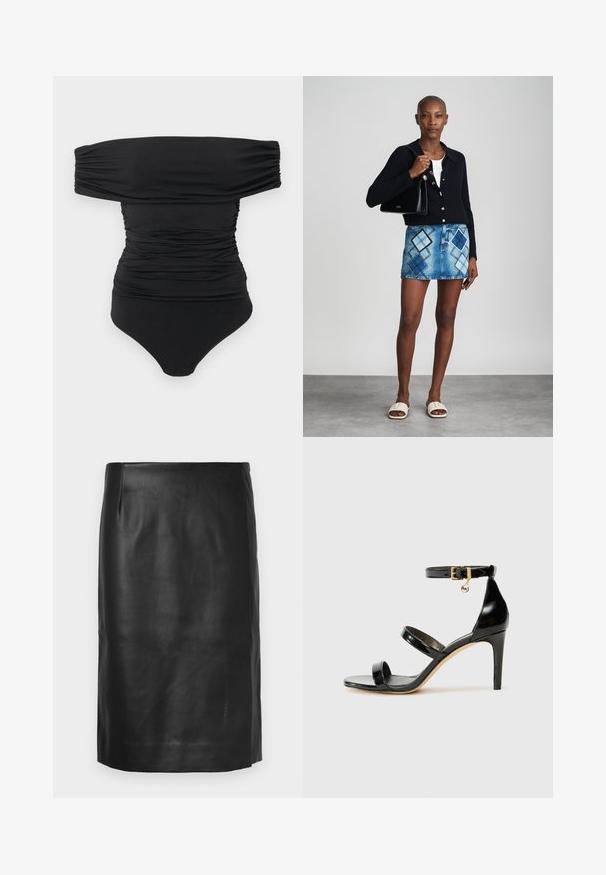 Sort off-shoulder ruched bodysuit med trykknapper i skridtet, lagt fladt på en hvid baggrund.; Sort læder blyantskirt med en glat tekstur, designet med høj talje og sideslids, der har rene linjer og minimal detaljer.; Sorte patenterede lædersandaler med tre stropper, ankelspænde og 10 cm stiletthæl. Har detaljer i guld og et logo charms.; Sort striktrøje, hvid top, denimnederdel med blå og sort diamantmønster, sort håndtaske og beige slidesandaler.