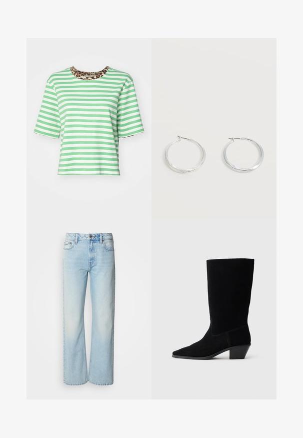 T-shirt à manches courtes rayé vert et blanc avec un col en imprimé léopard. Fabriqué en tissu doux avec une coupe décontractée.; Jeans à jambes larges bleu clair en denim, présentant un design classique à cinq poches et une texture légèrement décolorée. La couture en denim est visible.; Bottine en daim noir avec un bout pointu, tige de hauteur moyenne et un talon épais. Présente des coutures minimales et une texture lisse.; Boucles d’oreilles créoles en métal argenté avec une surface lisse légèrement incurvée et des fermoirs à clapet sur un fond blanc uni.