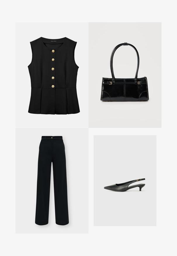 Blouse noire sans manches avec encolure ronde, boutons dorés sur le devant et détails légèrement évasés à la taille, marque Anna Field.; Pantalon noir taille haute à jambes larges avec bouton à l'avant et passants de ceinture, présenté sur un fond clair.; Chaussure slingback noire à bout pointu en cuir lisse. Présente un talon fin et un détail de boucle sur la sangle réglable.; Sac à main rectangulaire noir brillant avec deux fines bretelles et petits détails de boucles dorées à l'avant.