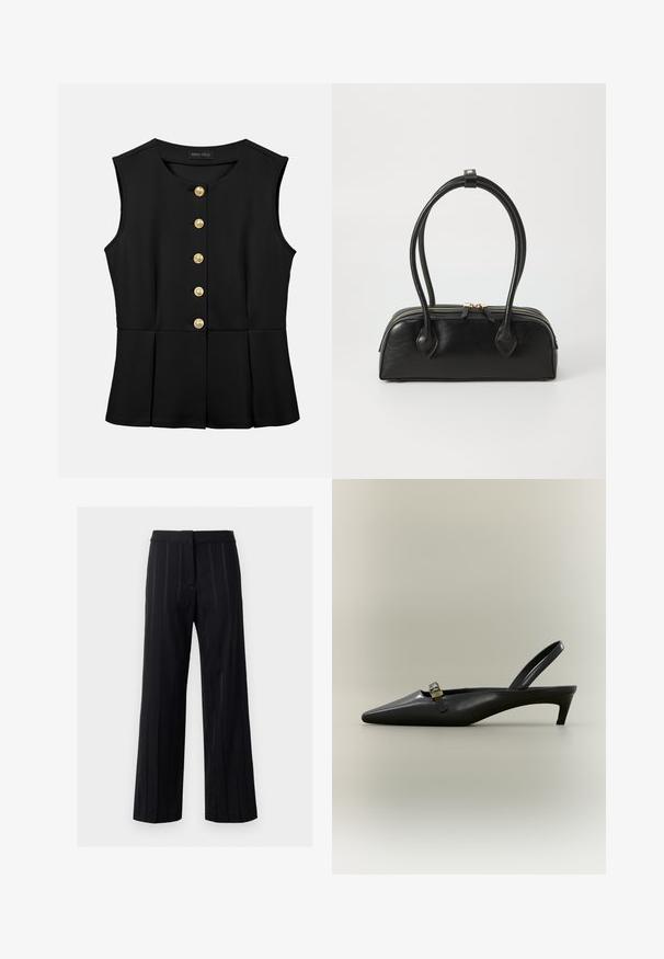 Blouse noire sans manches avec encolure ronde, boutons dorés sur le devant et détails légèrement évasés à la taille, marque Anna Field.; Un pantalon noir à rayures avec une coupe droite, une texture lisse, une taille ajustée et des détails subtils le long des rayures.; Escarpin slingback en cuir noir avec talon kitten, bout pointu et petite boucle dorée sur un fond uni.; Sac à main en cuir noir avec deux anses allongées, fermeture éclair et forme arrondie ; texture lisse avec une finition légèrement brillante.