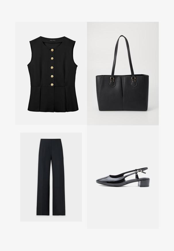 Blouse noire sans manches avec encolure ronde, boutons dorés sur le devant et détails légèrement évasés à la taille, marque Anna Field.; Pantalon noir à jambes larges, taille haute et pli à l'avant, présenté à plat sur un fond blanc uni. Pas de poches ni de fermetures visibles.; Chaussure slingback en cuir verni noir avec un bout pointu, des côtés découpés et un petit talon block. Équipée d'une bride de cheville avec une boucle.; Sac fourre-tout noir en simili cuir avec une finition texturée, deux longues poignées et des accents en métal doré sur le côté. Shape rectangulaire.