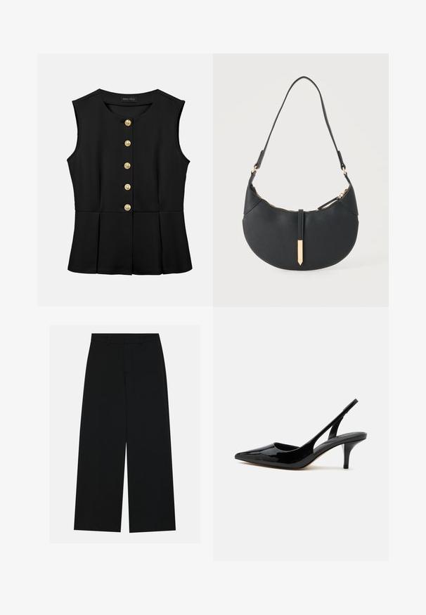 Blouse noire sans manches avec encolure ronde, boutons dorés sur le devant et détails légèrement évasés à la taille, marque Anna Field.; Pantalons noirs à jambe large en tissu lisse. Dotés d'une taille plate avec passants de ceinture et sans poches visibles. Design simple.; Chaussure slingback en cuir verni noir avec talon kitten, bout pointu et talon bas et fin sur fond blanc.; Sac à main noir en forme de croissant avec une bandoulière unique, une fermeture éclair dorée et une languette décorative rectangulaire dorée à l'avant.