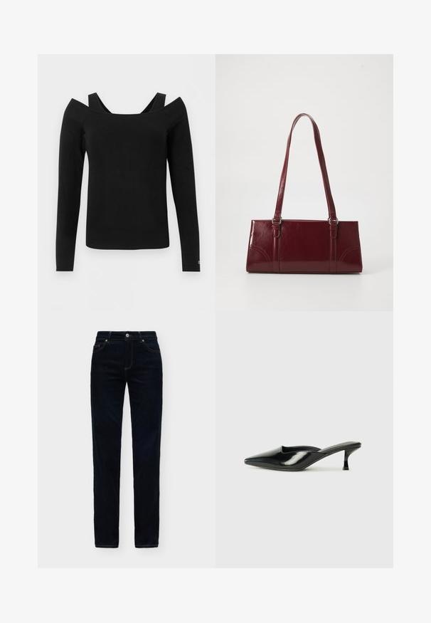 Haut noir à manches longues et épaules dénudées avec bretelles noires visibles sur les épaules, design uni, coupe ajustée.; Jean droit en denim bleu foncé avec poches avant et fermeture par bouton sur un fond uni clair.; Mules en cuir verni noir avec un bout pointu, un petit talon et des côtés courbés, présentant une finition brillante et un design minimaliste.; Sac à main bordeaux en matériau brillant, de forme rectangulaire, avec deux anses et des accents légèrement courbés à l'avant.