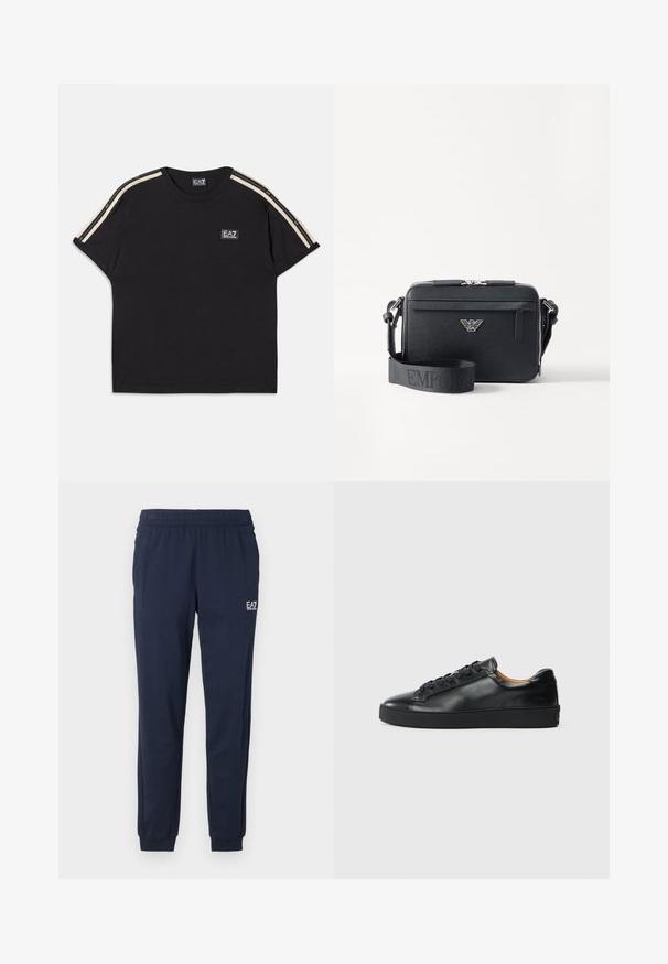 Zwarte katoenen t-shirt met korte mouwen. Beschikt over contrasterende tan strepen op de schouders en een klein merklogo op de borst.; Marineblauwe sweatpants met een elastische tailleband en boorden. Voorzien van een klein wit logo op het linkerpant. Gemaakt van een zachte, rekbare stof.; Zwarte leren sneaker met een gladde textuur, ronde neus en vetersluiting. Heeft een dikke rubberen zool en minimale merkaanpassing.; Zwarte crossbody tas gemaakt van gestructureerd materiaal. Beschikt over een ritssluiting, een voorzak met rits en een metalen logoaccent. Inclusief verstelbare schouderband.