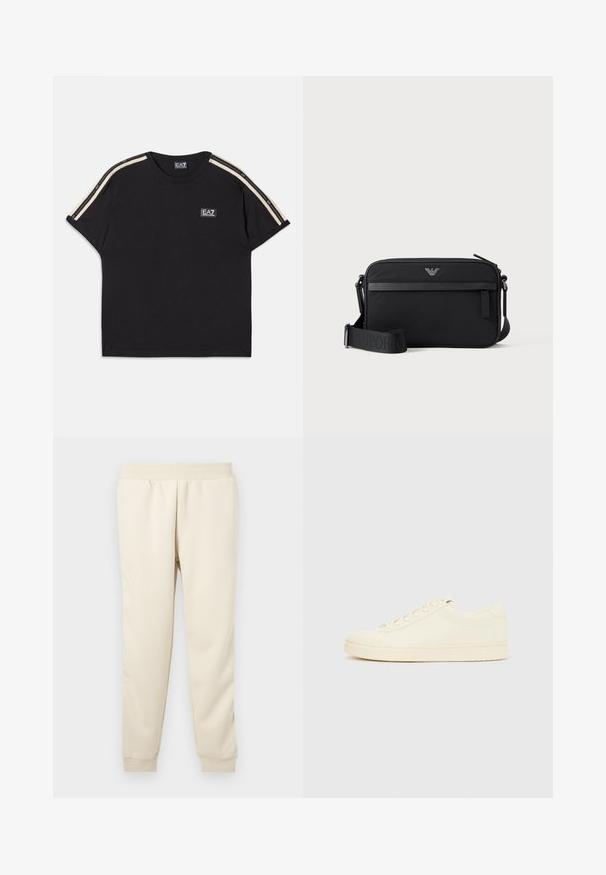 Camiseta de algodón negra con mangas cortas. Presenta rayas en contraste beige en los hombros y un pequeño logotipo de la marca en el pecho.; Pantalones de chándal beige claro hechos de una tela suave, con un diseño ajustado, cinturilla elástica y puños en los tobillos. Sin patrones ni acentos visibles.; Zapatilla de color crema con parte superior de cuero liso, puntera redondeada, cierre de cordones y suela de goma texturizada. Diseño minimalista, sin logotipos.; Bolso bandolera rectangular negro con bolsillo frontal con cremallera, correa ajustable y pequeño logo metálico en el centro superior.