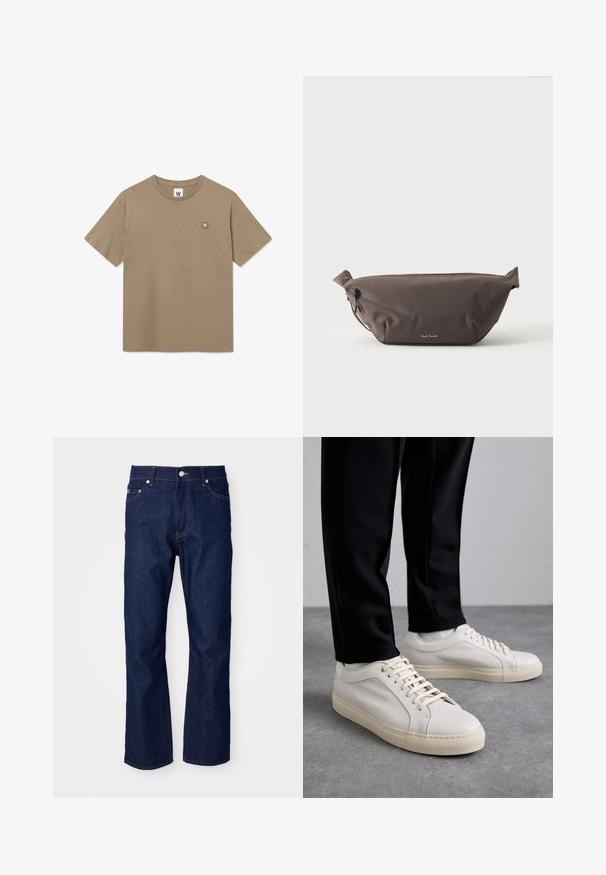 Tan kortærmet crewneck t-shirt med lille rundt logo-patch, der har et hvidt "W" på venstre bryst.; Mørkeblå denimjeans med lige pasform. Funktionen inkluderer fem lommer, orange syninger og en metalknaplukning i taljen.; Lys beige lædersneakers med flade snørebånd, en tekstureret overflade og en kontrasterende cremelilla gummisål, båret med sorte tapered bukser.; Mørkebrun stof talje taske med diagonalt lynlåslomme og lille hvidt logo på fronten, sat mod en ensfarvet lys baggrund.