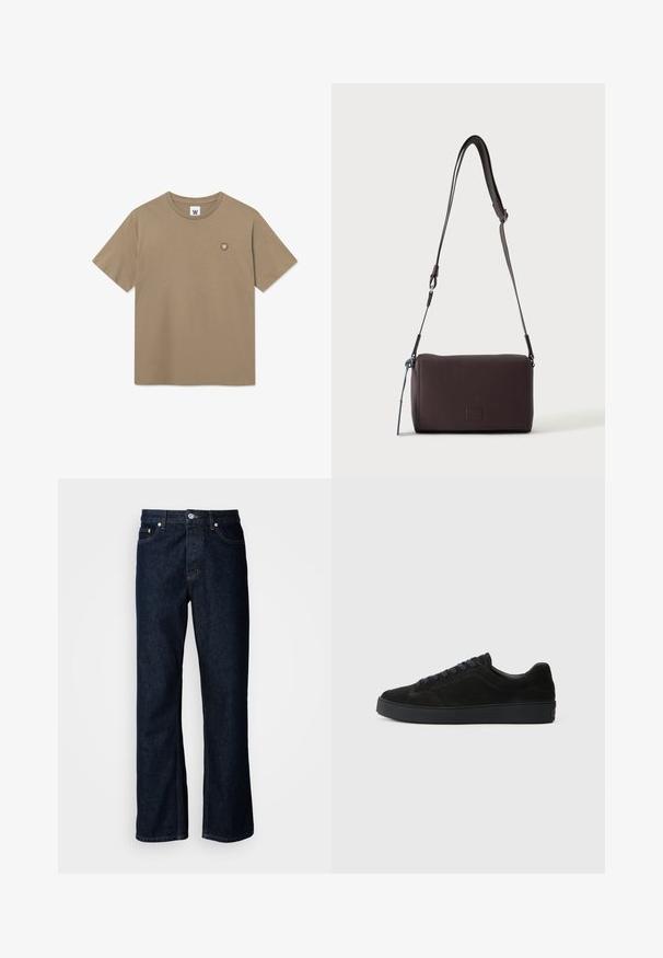 Tan kortærmet crewneck t-shirt med lille rundt logo-patch, der har et hvidt "W" på venstre bryst.; Mørkeblå denim jeans med lige ben, der har fem-lomme design, knappelukning og orange syninger.; Sort semsket sneakers med en flad, tekstureret sål, rund tå, seks snørrehuller og et minimalistisk design.; Mørkebrun textured læder crossbody taske med justerbar rem og lille dekorativ blå accent på siden.