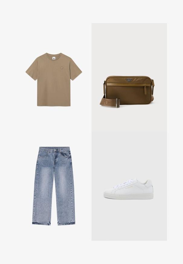 Krátky rukáv tričko s crewneck výstrihom v tan farbe, na ľavej strane hrudníka so malým okrúhlym nášivkom s bielym písmenom "W".; Svetlomodré rifle s rovnými nohavicami, prednými vreckami, opaskovými očkami a zapínaním na gombík v páse.; Biele kožené nízke tenisky s okrúhlou špičkou, plochými tkaničkami, štruktúrovanou podrážkou a jemným zlatým logom na boku. Hladký povrch a minimalistický dizajn.; Hnedá obdĺžniková taška cez rameno s predným vreckom so zipsom, nastaviteľným pásikom s vyrazeným názvom značky a kovovým logom v hornej strede.