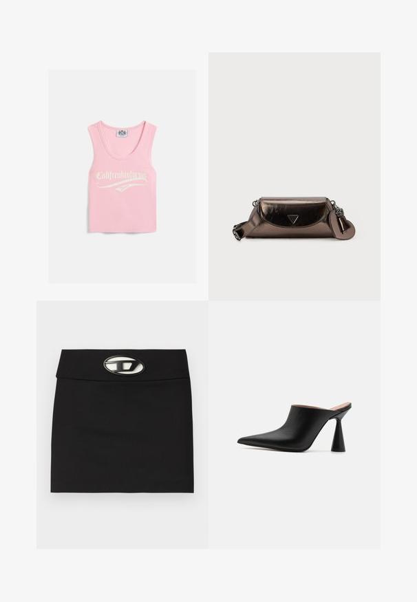 Roze geribbelde tanktop met een ronde halslijn, voorzien van witte tekst met de opdruk "Califreakinfornia Juicy" aan de voorkant.; Zwarte mini-jurk met een platte tailleband. Beschikt over een opvallende metalen log sluiting aan de voorkant. Gemaakt van gladde stof zonder zichtbare patronen.; Zwarte leren muiltjes met een spitse neus en een unieke kegelvormige hak. Glad oppervlak en minimalistisch ontwerp, open achterkant voor gemakkelijk aan- en uittrekken.; Metaalachtige bronzen cilindervormige schoudertas met verstelbare strap, voorklep, driehoekig logo en een bevestigd hartvormig sleutelhanger.