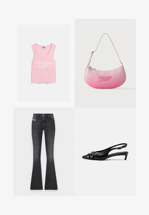 Lyserød ribbet tanktop med en rund udskæring, der har hvid tekst, hvor der står "Califreakinfornia Juicy" på forsiden.; Mørkegrå denim flared jeans med høj talje, fem-lomme design, sølv hardware og subtil falmning. Har et mærket sidelabel.; Sort læder slingback sko med spids tå, tre sølvspænder på forsiden og lav lille hæl på hvid baggrund.; Lyserød gradient skuldertaske med buet form, justerbar rem og "tommy jeans" præget på fronten.