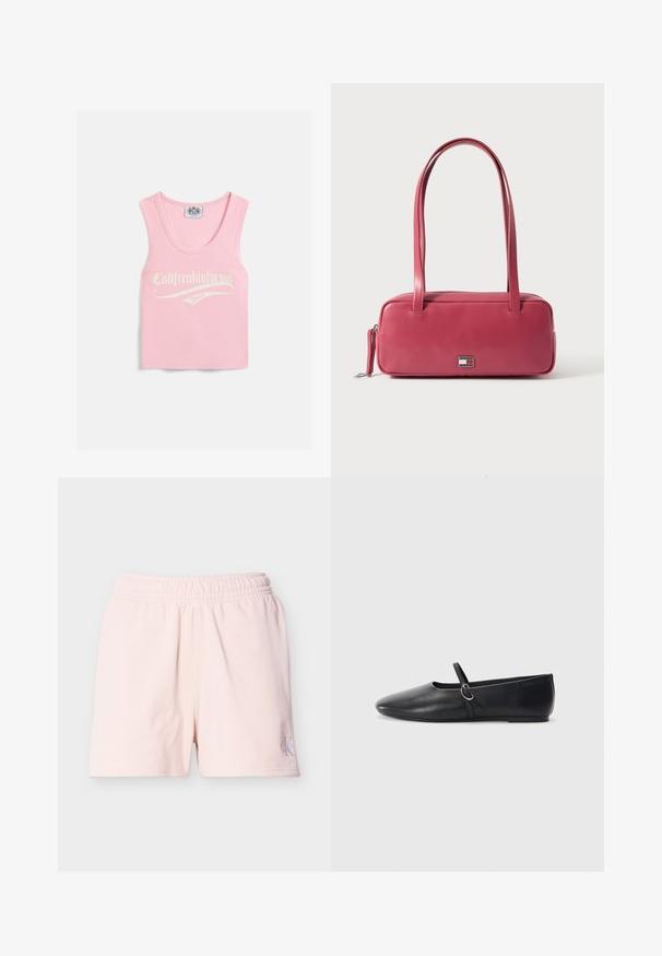 Roze geribbelde tanktop met een ronde halslijn, voorzien van witte tekst met de opdruk "Califreakinfornia Juicy" aan de voorkant.; Lichtroze shorts met elastische taille en een klein Calvin Klein-logo op het linkeronderbeen tegen een effen achtergrond.; Zwarte leren balletschoenen met een spitse neus, platte zool en een kleine strap met een zilveren gespsluiting.; Roze leren handtas met een rechthoekige vorm, dubbele handvatten en een klein metalen embleem aan de voorkant, met een gladde, glanzende textuur.