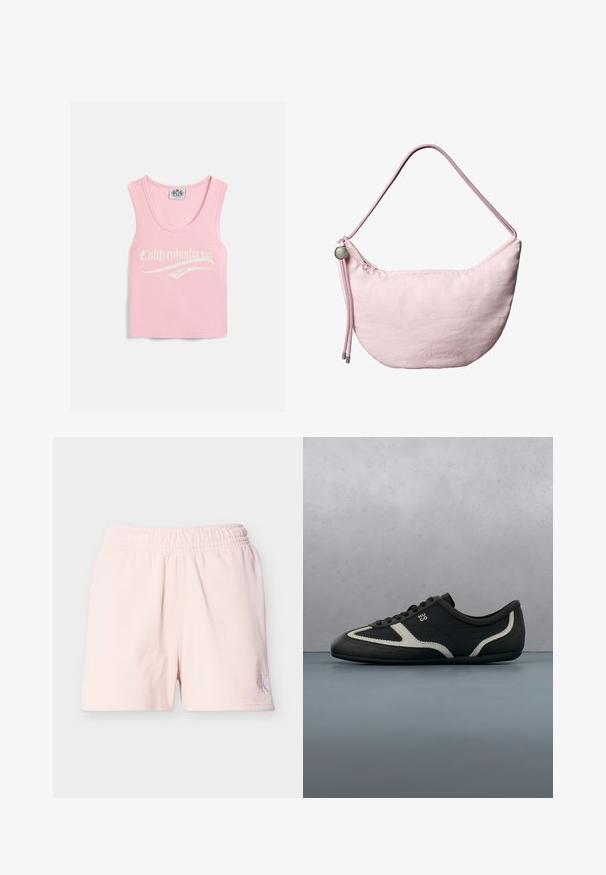 Lyserød ribbet tanktop med en rund udskæring, der har hvid tekst, hvor der står "Califreakinfornia Juicy" på forsiden.; Lyserøde shorts med elastisk talje og en lille Calvin Klein-logo på det nederste venstre ben mod en ensfarvet baggrund.; Sort sneakers med tekstureret læderoverdel, kontrasterende grå accenter, rund tå og flad sål. Har snørebånd og mærkelogo på siden.; Blød lyserød skuldertaske i halvmåneform med justerbar snorrem, metalstopper og diskret præget "cK" logo midt foran.